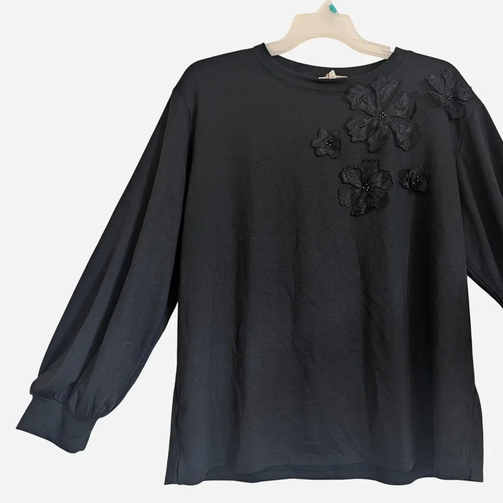 SHOL Los Angeles Black 3D Floral Applique Long Sleeve Puff Top 3X NWT